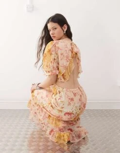 Reclaimed Vintage Maxi Dress With Cutout Detail In Spliced Floral Print For Women Multi