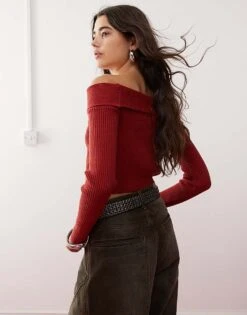 Reclaimed Vintage Bardot Off Shoulder Knitted Long Sleeve Jumper In Burgundy For Women -Closet Theory Her 207444576 3