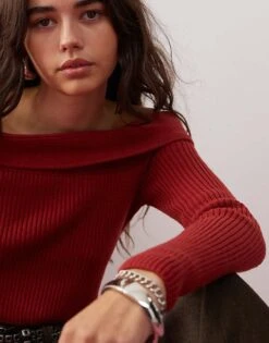 Reclaimed Vintage Bardot Off Shoulder Knitted Long Sleeve Jumper In Burgundy For Women -Closet Theory Her 207444576 4