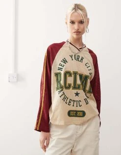 Reclaimed Vintage Oversized Long Sleeve Airtex Football T-shirt In Burgundy For Women -Closet Theory Her 207450721 1 burgundy 1