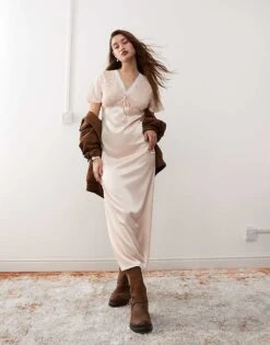 Reclaimed Vintage Satin Midi Dress With Lace Trim In Mauve Pink For Women