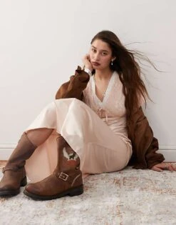 Reclaimed Vintage Satin Midi Dress With Lace Trim In Mauve Pink For Women -Closet Theory Her 207478068 3