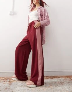 Reclaimed Vintage Wide Leg Trouser With Side Contrast Panel In Burgundy For Women