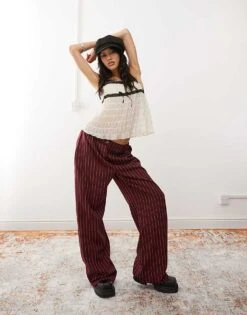 Reclaimed Vintage Wide Leg Trouser In Burgundy Pinstripe For Women -Closet Theory Her 207529211 1 burgundy 1