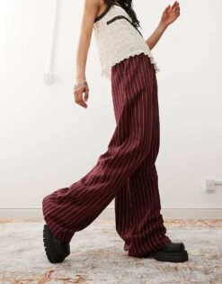 Reclaimed Vintage Wide Leg Trouser In Burgundy Pinstripe For Women -Closet Theory Her 207529211 3