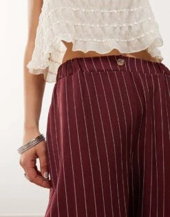 Reclaimed Vintage Wide Leg Trouser In Burgundy Pinstripe For Women -Closet Theory Her 207529211 4