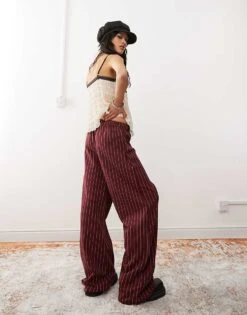 Reclaimed Vintage Wide Leg Trouser In Burgundy Pinstripe For Women -Closet Theory Her 207529211 5