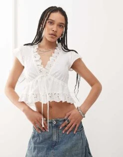 Reclaimed Vintage Western Tea Top With Broderie Trim In White For Women