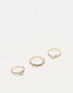 Reclaimed Vintage Dainty Ring 3 Pack With Cross And Heart In Gold For Women