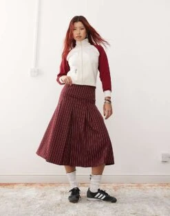 Reclaimed Vintage Pleated Midi Skirt In Burgundy Pinstripe For Women Wine