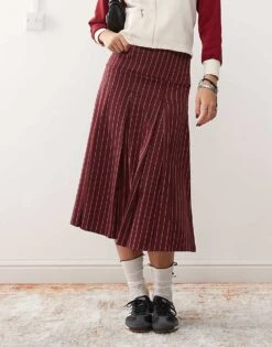 Reclaimed Vintage Pleated Midi Skirt In Burgundy Pinstripe For Women Wine -Closet Theory Her 207564897 3