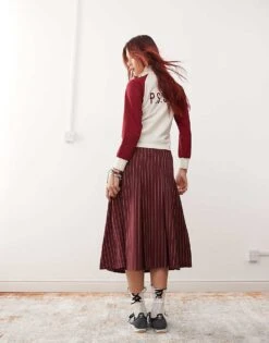 Reclaimed Vintage Pleated Midi Skirt In Burgundy Pinstripe For Women Wine -Closet Theory Her 207564897 4