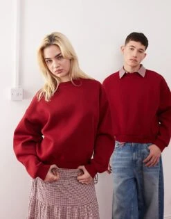Reclaimed Vintage Unisex Heavyweight Cropped Boxy Sweatshirt In Burgundy For Unisex