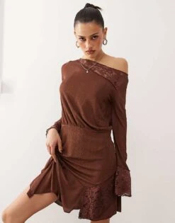 Reclaimed Vintage Long Sleeve Lace Mix Dress In Chocolate Brown For Women