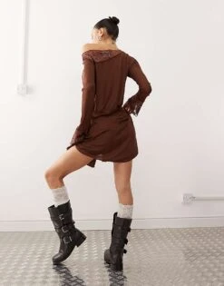 Reclaimed Vintage Long Sleeve Lace Mix Dress In Chocolate Brown For Women -Closet Theory Her 207597046 4