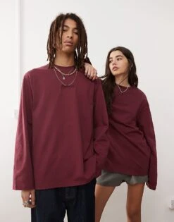 Reclaimed Vintage Unisex Oversized Skater Long Sleeve T-shirt In Washed Burgundy For Unisex -Closet Theory Her 207597067 1 burgundy 1