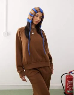 Reclaimed Vintage Balloon Sleeve Raglan Sweat Co-ord In Tobacco Brown For Women