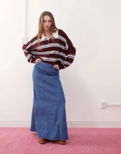 Reclaimed Vintage Denim Maxi Skirt In Mid Blue For Women