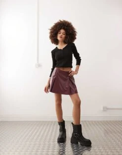 Reclaimed Vintage PU Skort In Burgundy For Women -Closet Theory Her 207612762 4