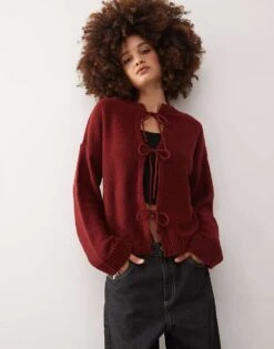 Reclaimed Vintage Tie Front Cardigan In Burgundy For Women -Closet Theory Her 207614659 1 burgundy 1