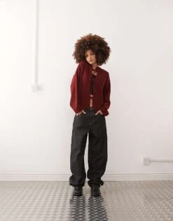 Reclaimed Vintage Tie Front Cardigan In Burgundy For Women -Closet Theory Her 207614659 3