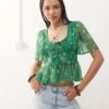 Reclaimed Vintage Tea Blouse With Lace Collar In Green Floral Print For Women Multi
