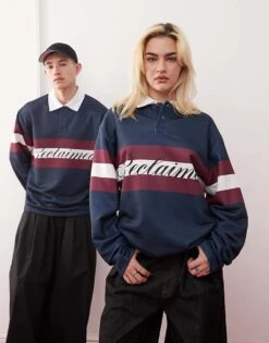 Reclaimed Vintage Unisex Rugby Polo Sweatshirt In Navy And Burgundy For Unisex