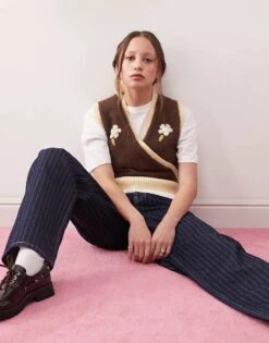 Reclaimed Vintage Knitted Wrap Tank With Floral Embroidery In Brown And Butter Yellow For Women -Closet Theory Her 207644462 1 brown 1