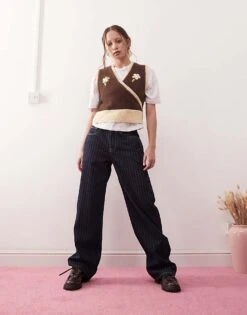 Reclaimed Vintage Knitted Wrap Tank With Floral Embroidery In Brown And Butter Yellow For Women -Closet Theory Her 207644462 3