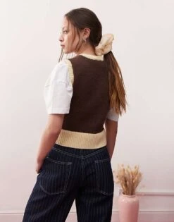 Reclaimed Vintage Knitted Wrap Tank With Floral Embroidery In Brown And Butter Yellow For Women -Closet Theory Her 207644462 4