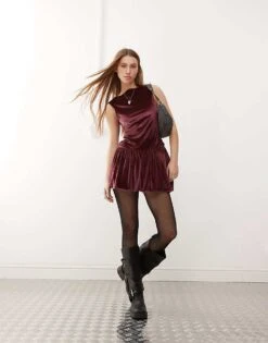 Reclaimed Vintage Velvet Puffball Mini Party Dress In Burgundy For Women -Closet Theory Her 207651873 1 burgundy 1