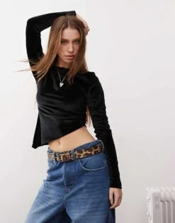 Reclaimed Vintage Off Shoulder Velvet Ruched Top In Black For Women