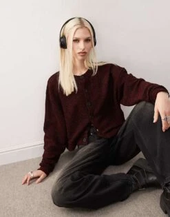 Reclaimed Vintage Button Up Cardigan In Burgundy Texture For Women -Closet Theory Her 207662946 1 burgundy 1