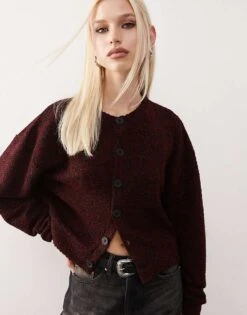 Reclaimed Vintage Button Up Cardigan In Burgundy Texture For Women -Closet Theory Her 207662946 3