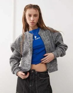 Reclaimed Vintage Zip Through Bomber Cardigan In Grey Marl For Women -Closet Theory Her 207662959 1 greymarl 1