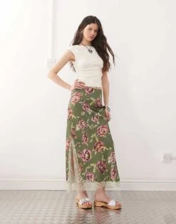 Reclaimed Vintage Satin Midi Skirt With Lace Trim In Green Floral Print For Women