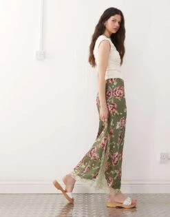 Reclaimed Vintage Satin Midi Skirt With Lace Trim In Green Floral Print For Women -Closet Theory Her 207662988 4