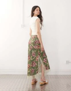 Reclaimed Vintage Satin Midi Skirt With Lace Trim In Green Floral Print For Women -Closet Theory Her 207662988 5