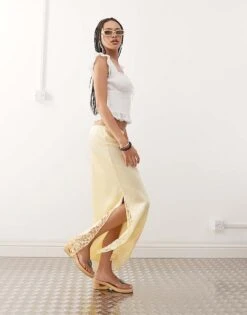 Reclaimed Vintage Satin Midi Skirt With Lace Trim In Buttermilk Yellow For Women Antique White -Closet Theory Her 207662989 3