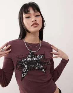 Reclaimed Vintage Long Sleeve Logo Tee In Burgundy For Women -Closet Theory Her 207679121 1 burgundy 1