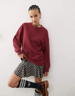 Reclaimed Vintage Long Sleeve Waffle Henley Top In Burgundy For Women