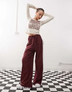 Reclaimed Vintage Pinstripe Trouser With Side Panel In Burgundy For Women -Closet Theory Her 207692985 1 burgundy 1