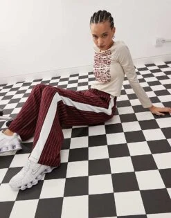 Reclaimed Vintage Pinstripe Trouser With Side Panel In Burgundy For Women -Closet Theory Her 207692985 3