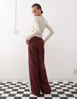 Reclaimed Vintage Pinstripe Trouser With Side Panel In Burgundy For Women -Closet Theory Her 207692985 4