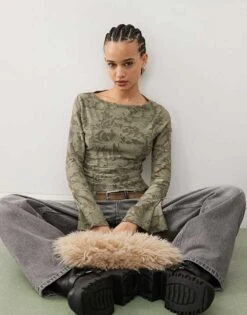 Reclaimed Vintage Long Sleeve Burn Out Top In Khaki Flock For Women -Closet Theory Her 207692997 1 khaki 1