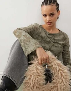 Reclaimed Vintage Long Sleeve Burn Out Top In Khaki Flock For Women -Closet Theory Her 207692997 3