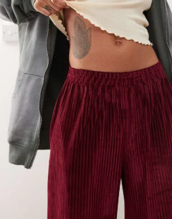Reclaimed Vintage Velour Cord Rib Wide Leg Trouser In Burgundy For Women -Closet Theory Her 207693021 2