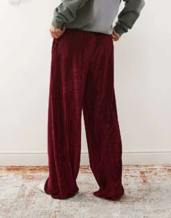 Reclaimed Vintage Velour Cord Rib Wide Leg Trouser In Burgundy For Women -Closet Theory Her 207693021 3