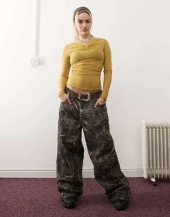 Reclaimed Vintage Ruched Neck Double Layer Top In Mustard Mesh For Women Green