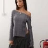 Reclaimed Vintage Off Shoulder Textured Long Sleeve Top In Charcoal For Women -Closet Theory Her 207704738 1 charcoal